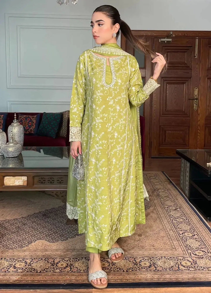 Hues Atelier Pret Embroidered Korean Rawsilk 3 Piece Suit Flora Green