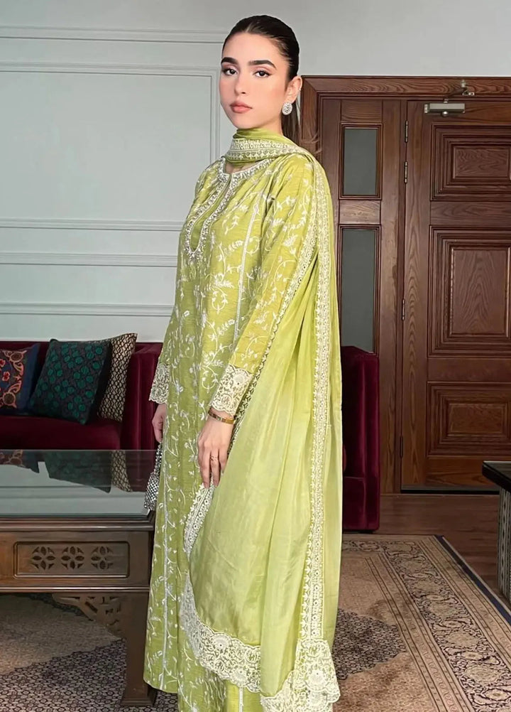 Hues Atelier Pret Embroidered Korean Rawsilk 3 Piece Suit Flora Green