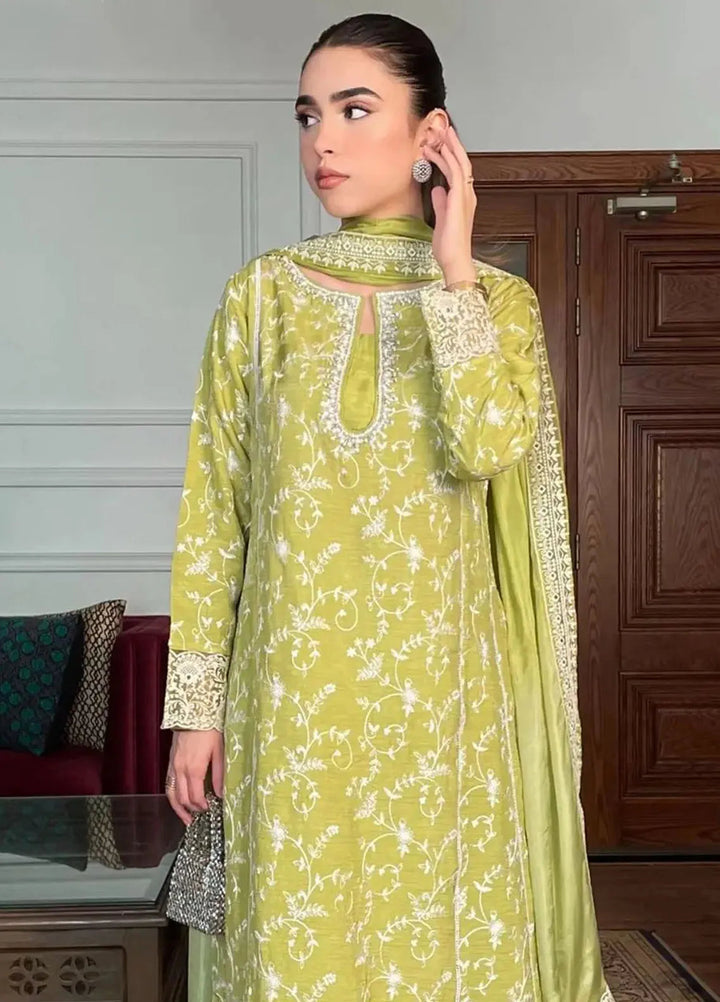 Hues Atelier Pret Embroidered Korean Rawsilk 3 Piece Suit Flora Green