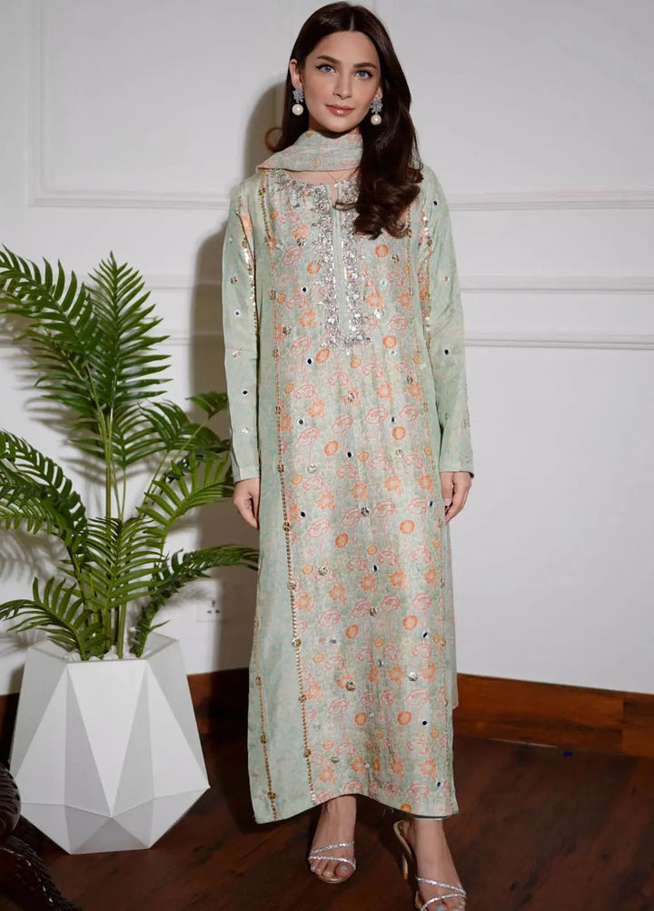 Hues Atelier Pret Embroidered Korean Rawsilk 3 Piece Suit Gota Floral