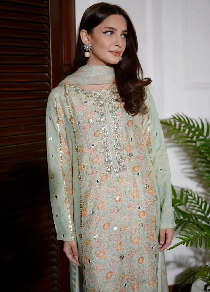 Hues Atelier Pret Embroidered Korean Rawsilk 3 Piece Suit Gota Floral