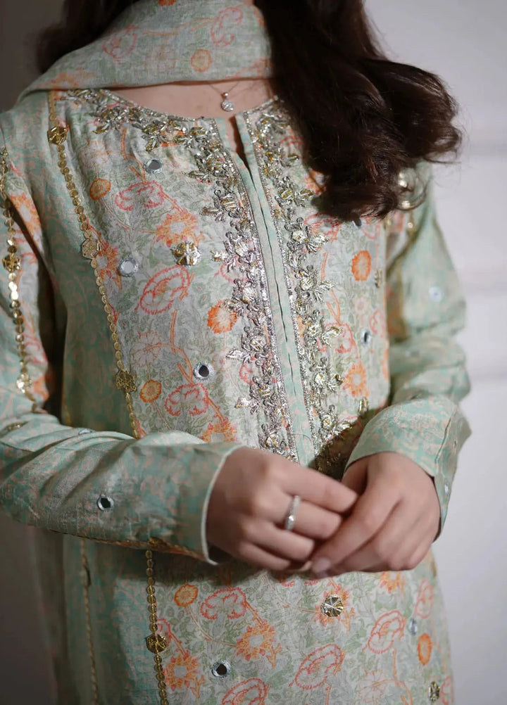 Hues Atelier Pret Embroidered Korean Rawsilk 3 Piece Suit Gota Floral