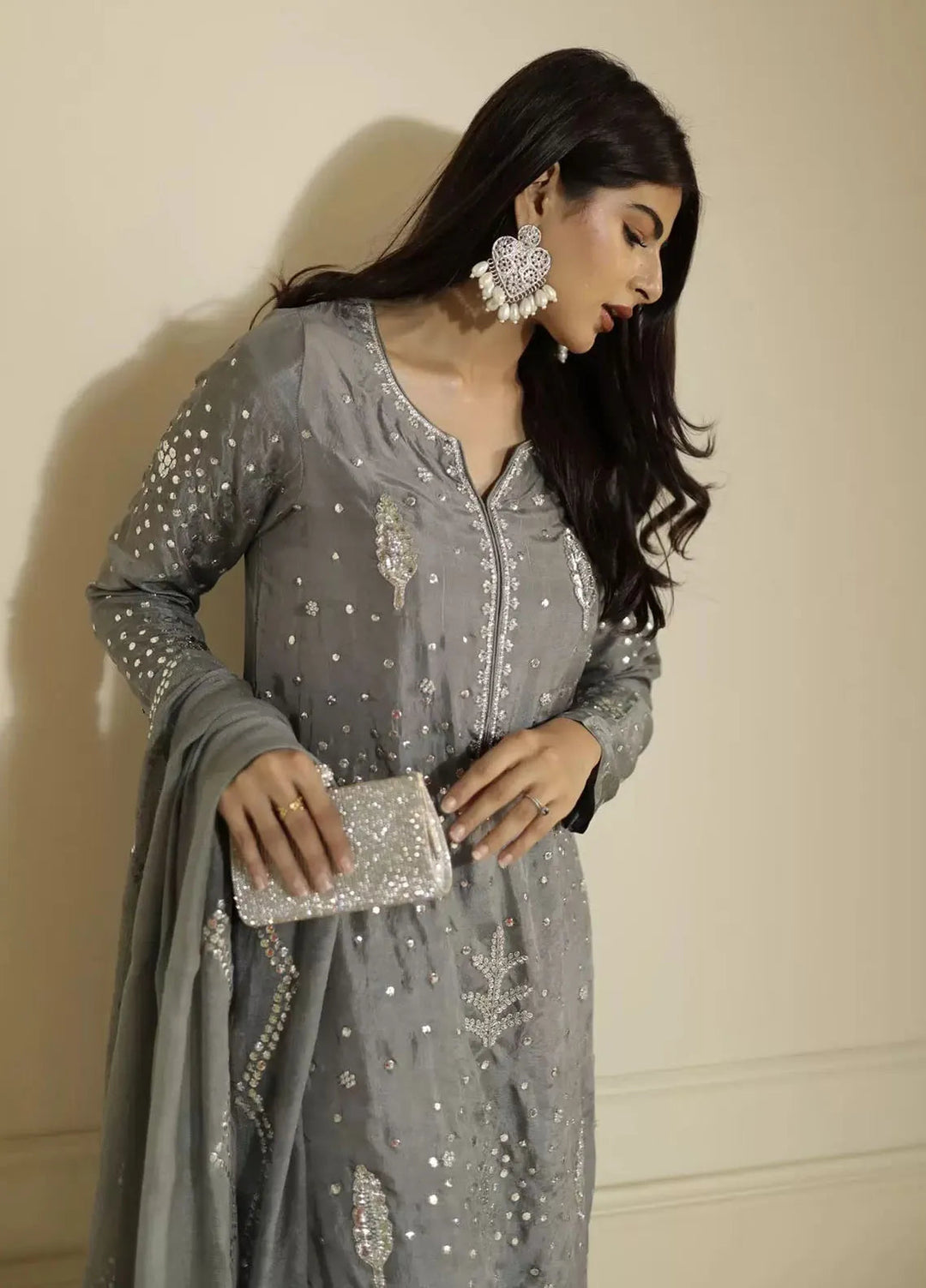 Hues Atelier Pret Embroidered Korean Rawsilk 3 Piece Suit Grey Kamdani