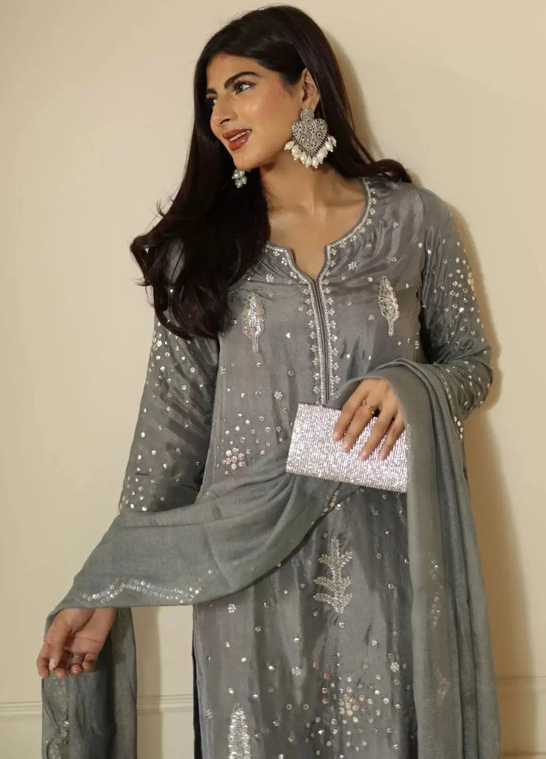 Hues Atelier Pret Embroidered Korean Rawsilk 3 Piece Suit Grey Kamdani