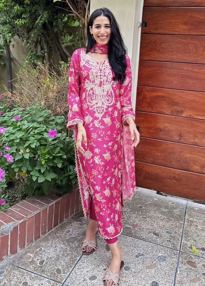 Hues Atelier Pret Embroidered Korean Rawsilk 3 Piece Suit Hot Pink Era