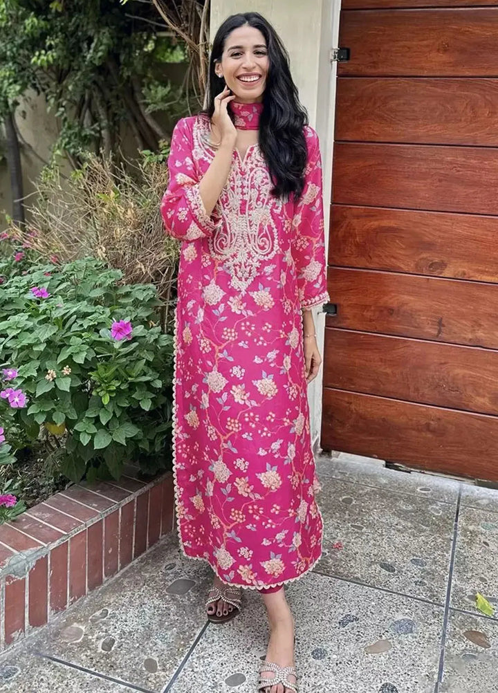 Hues Atelier Pret Embroidered Korean Rawsilk 3 Piece Suit Hot Pink Era