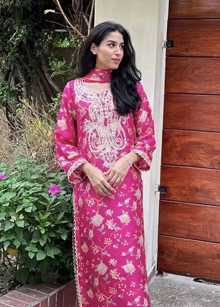 Hues Atelier Pret Embroidered Korean Rawsilk 3 Piece Suit Hot Pink Era