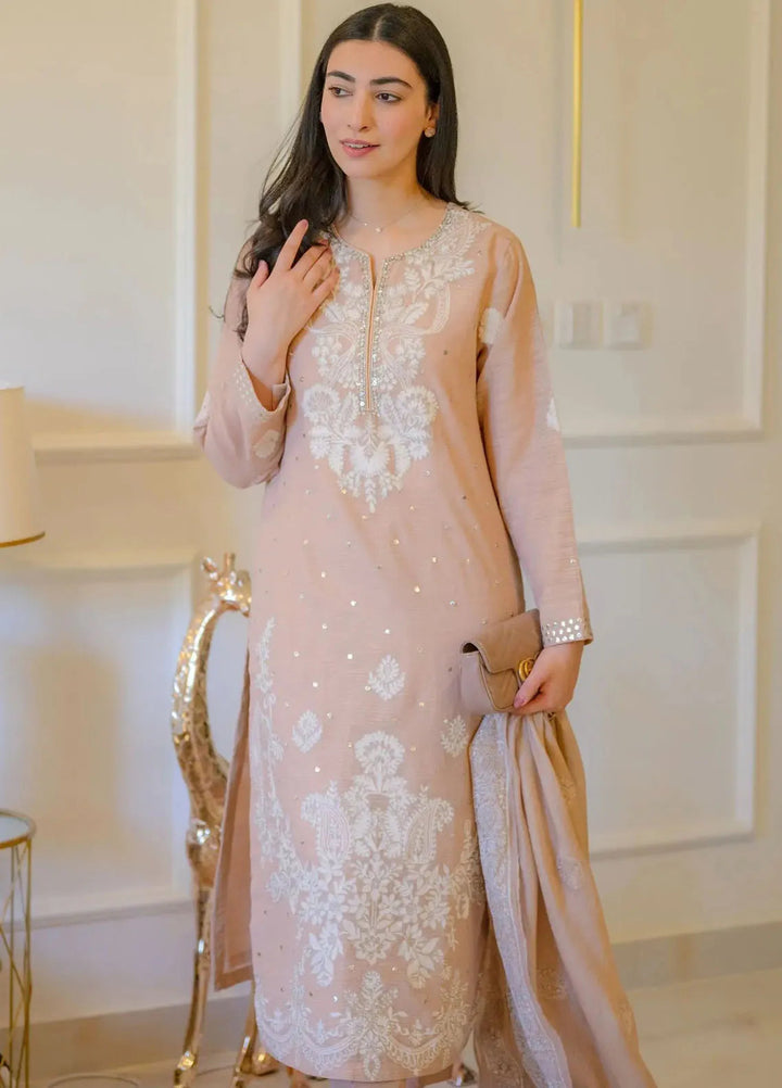 Hues Atelier Pret Embroidered Korean Rawsilk 3 Piece Suit Nude and White