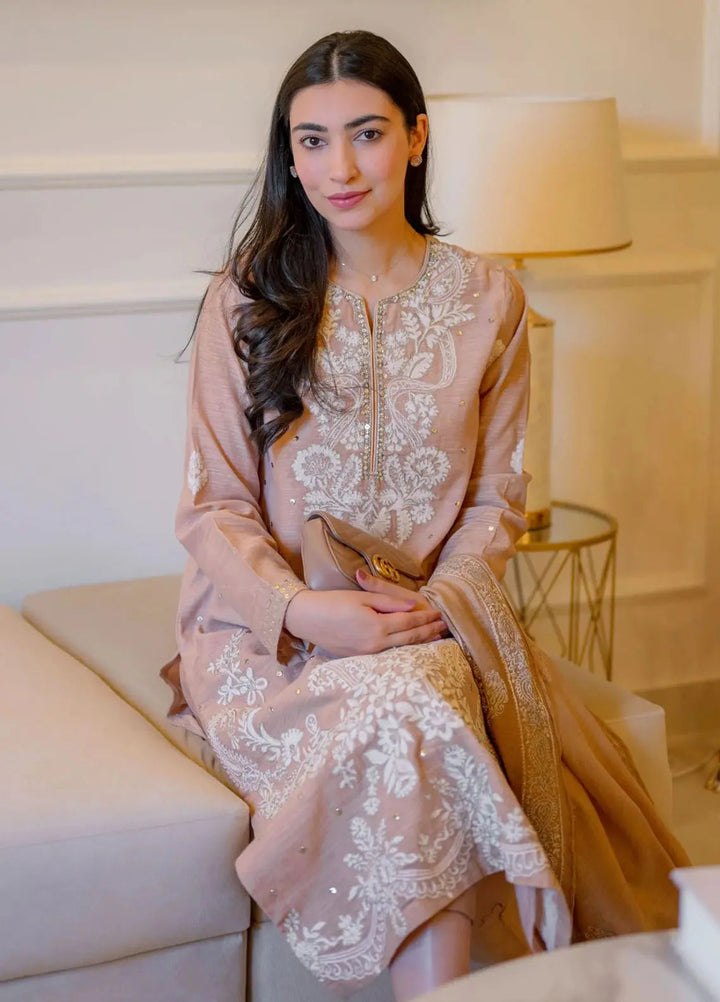 Hues Atelier Pret Embroidered Korean Rawsilk 3 Piece Suit Nude and White
