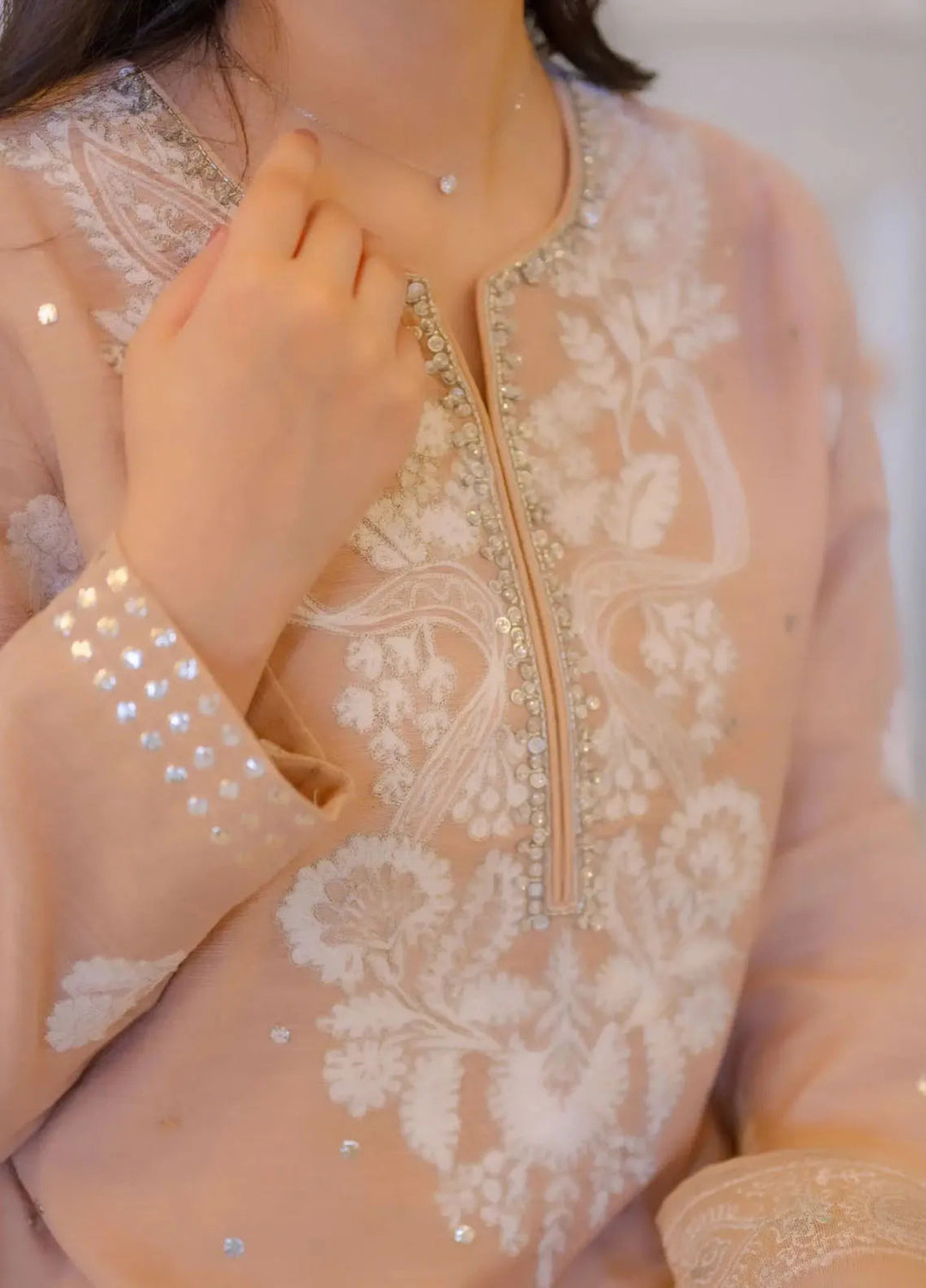 Hues Atelier Pret Embroidered Korean Rawsilk 3 Piece Suit Nude and White