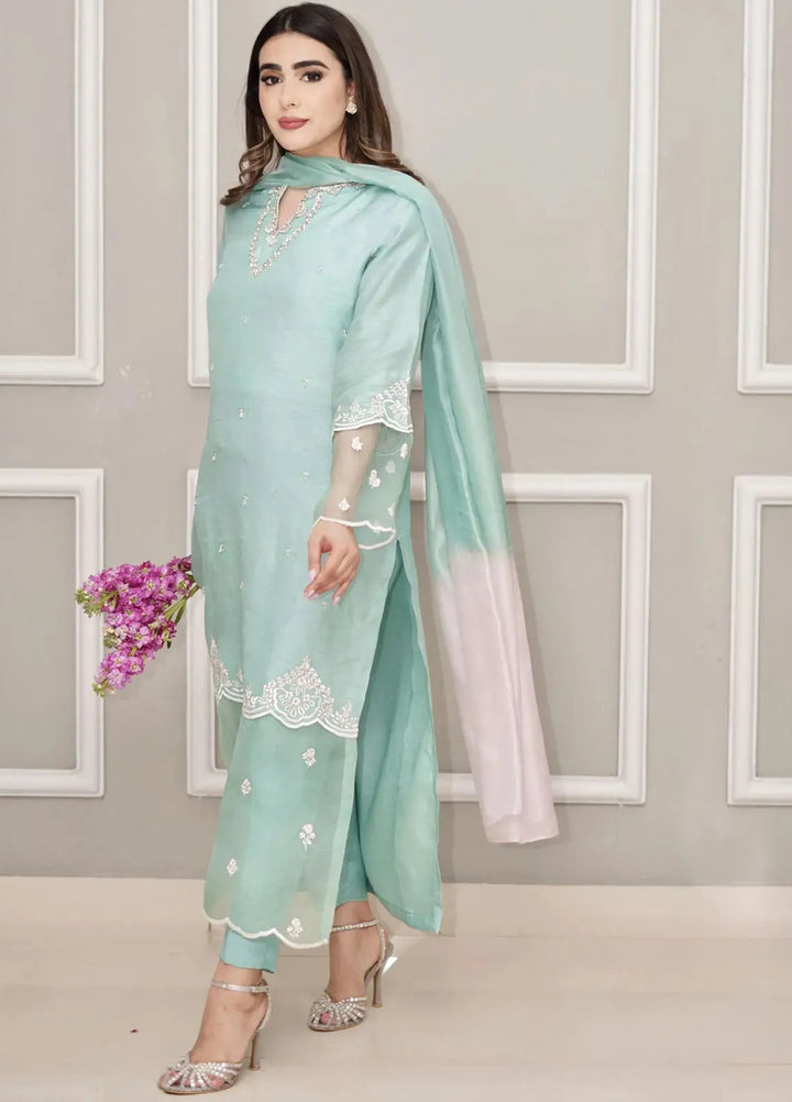 Hues Atelier Pret Embroidered Korean Rawsilk 3 Piece Suit Pale Green Fit
