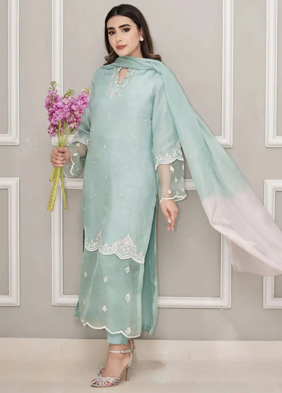 Hues Atelier Pret Embroidered Korean Rawsilk 3 Piece Suit Pale Green Fit