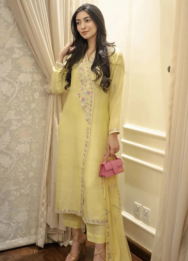 Hues Atelier Pret Embroidered Korean Rawsilk 3 Piece Suit Pastel Lemon