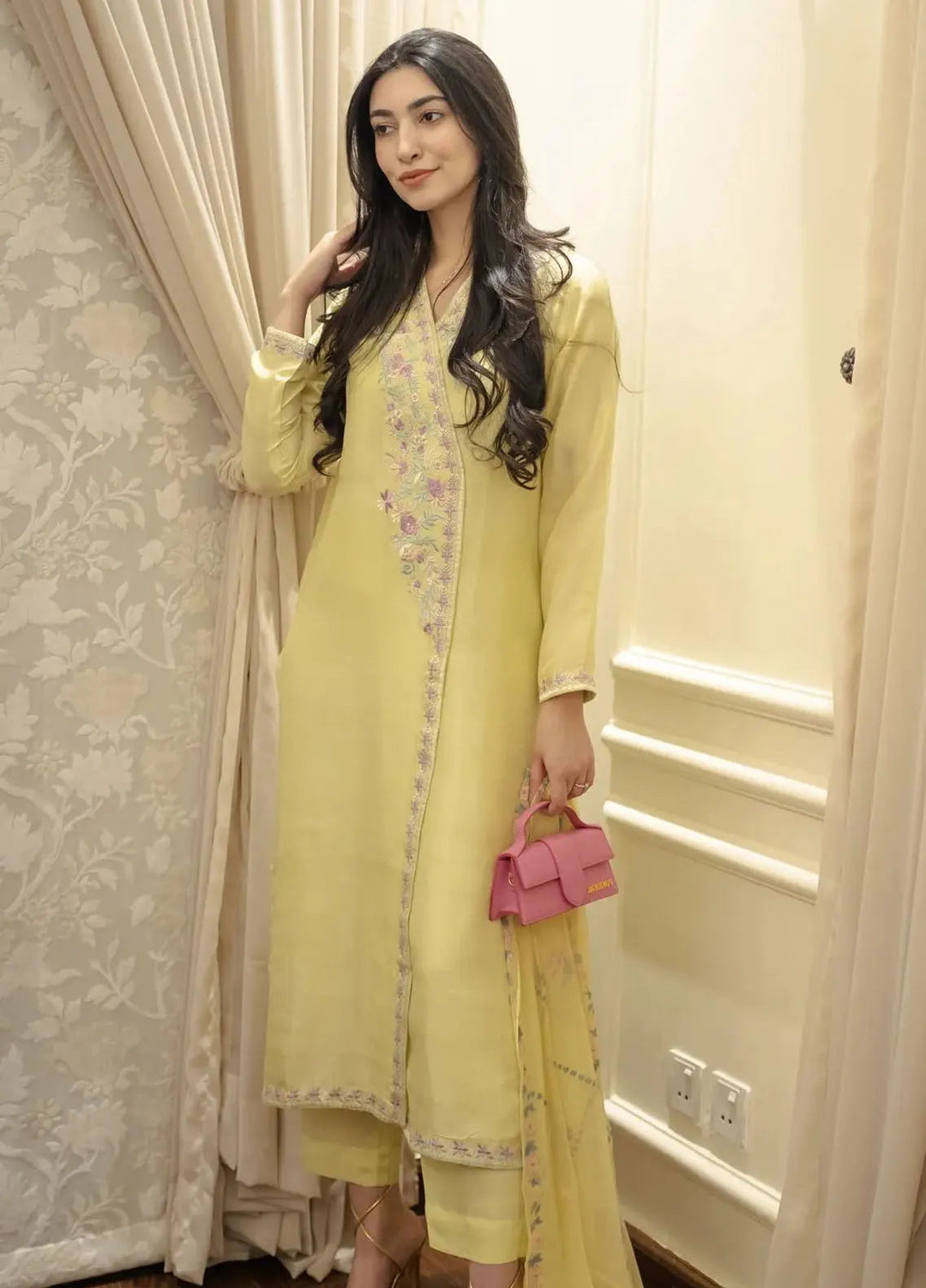 Hues Atelier Pret Embroidered Korean Rawsilk 3 Piece Suit Pastel Lemon