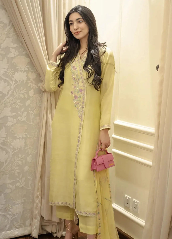 Hues Atelier Pret Embroidered Korean Rawsilk 3 Piece Suit Pastel Lemon