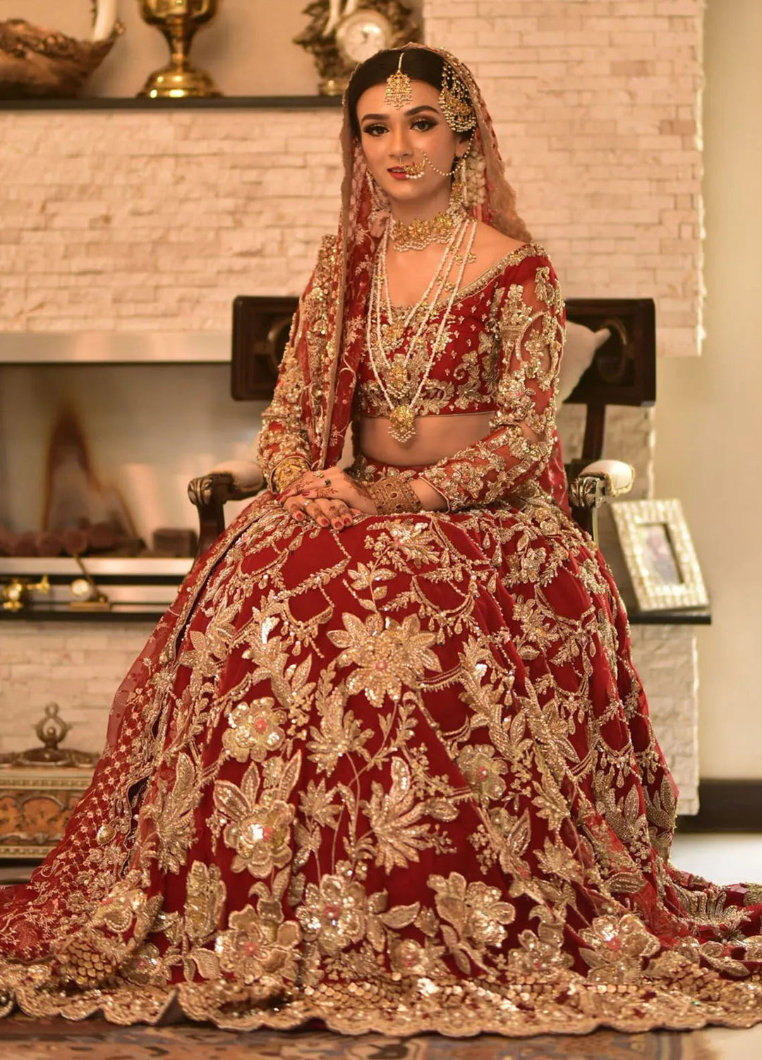 Hues Atelier Pret Embroidered Net 3 Piece Suit Red Lehenga Choli