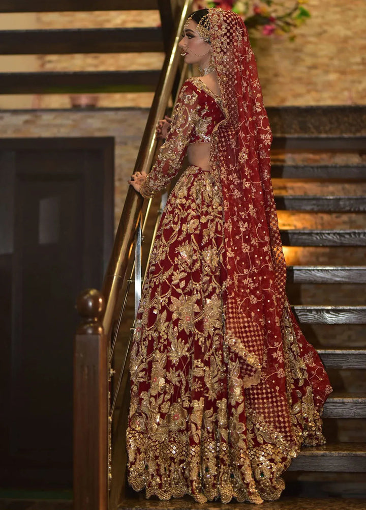 Hues Atelier Pret Embroidered Net 3 Piece Suit Red Lehenga Choli