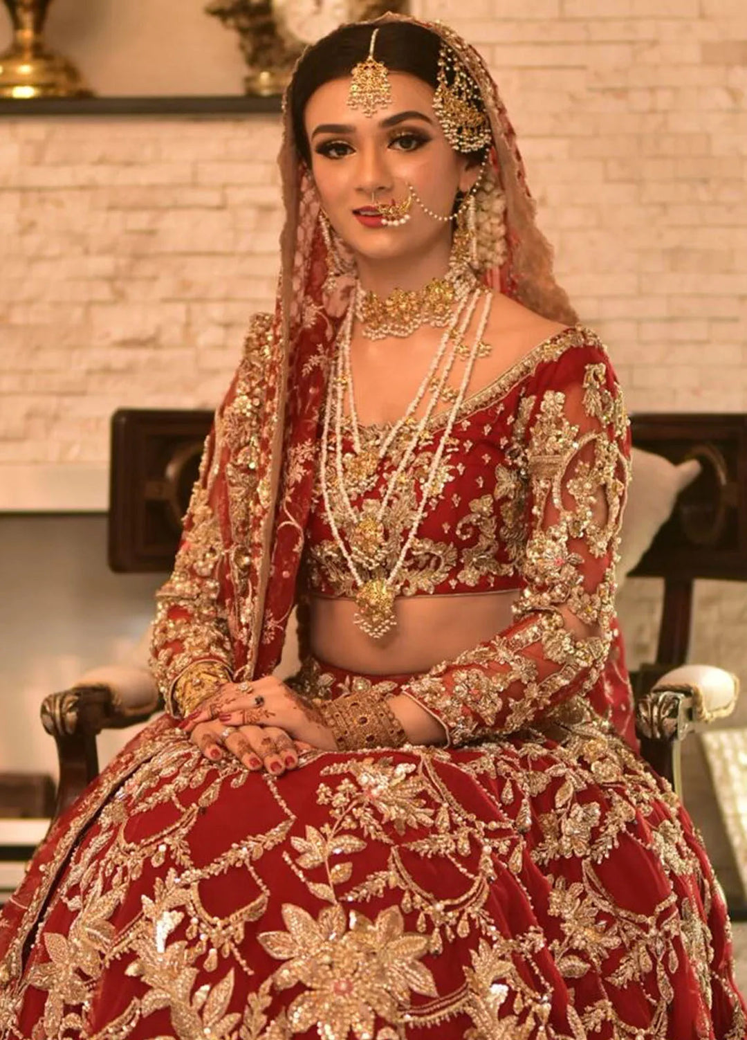 Hues Atelier Pret Embroidered Net 3 Piece Suit Red Lehenga Choli