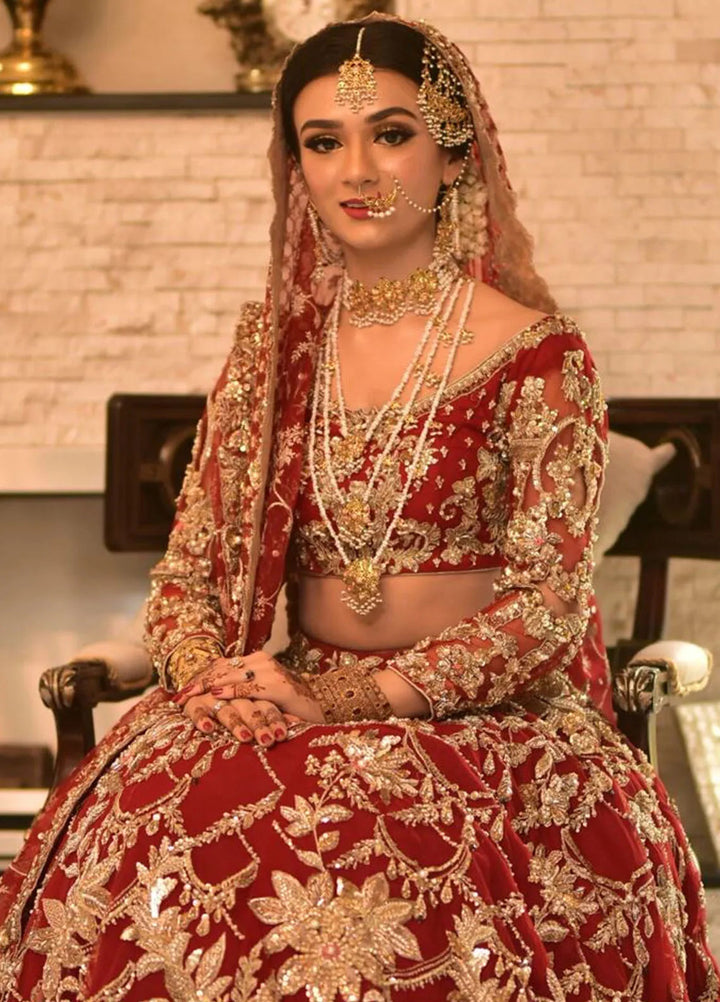 Hues Atelier Pret Embroidered Net 3 Piece Suit Red Lehenga Choli