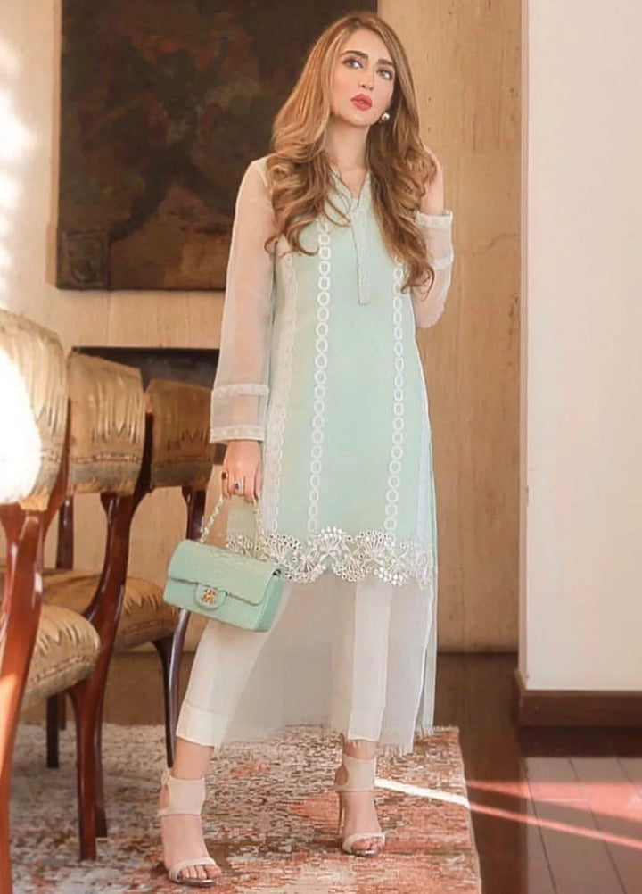 Hues Atelier Pret Embroidered Organza 2 Piece Suit Mint Dori Sheesha