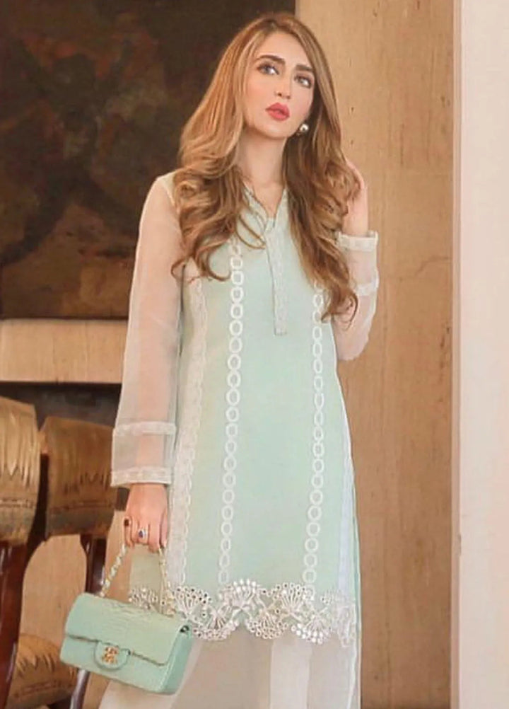 Hues Atelier Pret Embroidered Organza 2 Piece Suit Mint Dori Sheesha