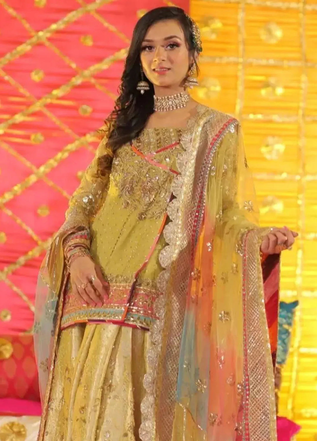 Hues Atelier Pret Embroidered Organza 3 Piece Suit Yellow Mehindi Bridal