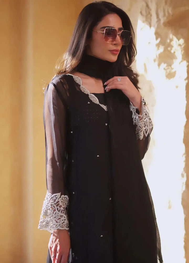 Hues Atelier Pret Embroidered Organza 4 Piece Suit Black Soir