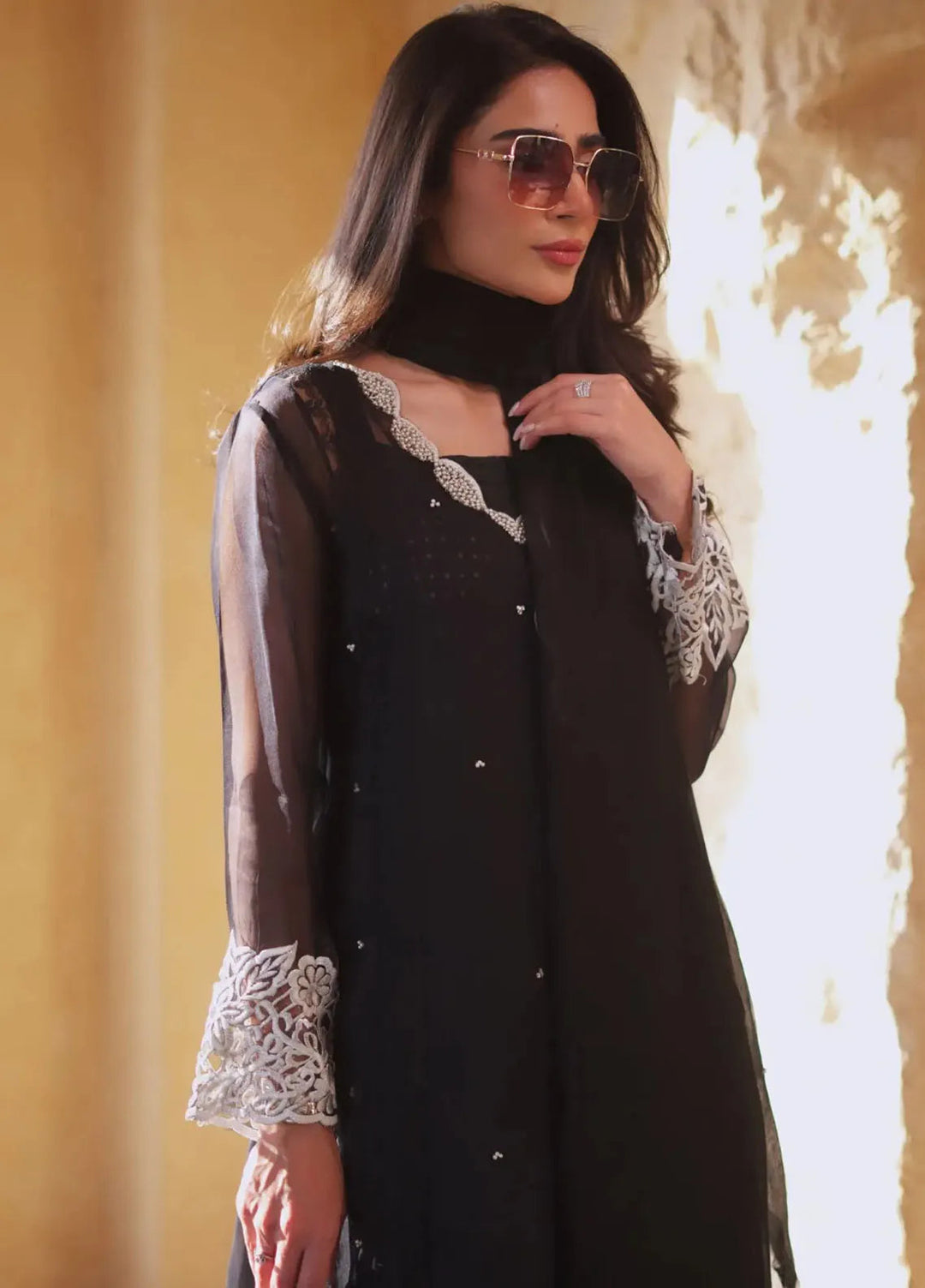 Hues Atelier Pret Embroidered Organza 4 Piece Suit Black Soir