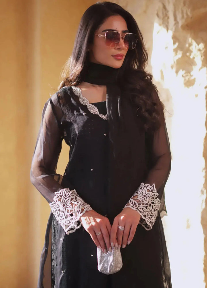 Hues Atelier Pret Embroidered Organza 4 Piece Suit Black Soir