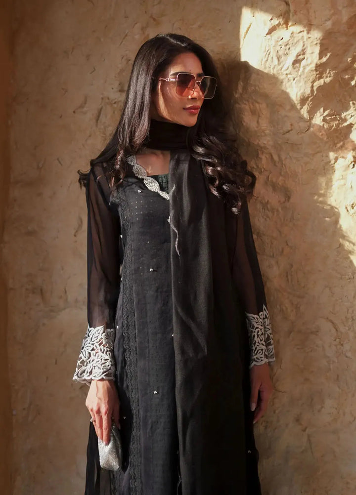 Hues Atelier Pret Embroidered Organza 4 Piece Suit Black Soir