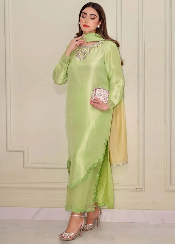 Hues Atelier Pret Embroidered Raw Silk 3 Piece Suit Avocado Green