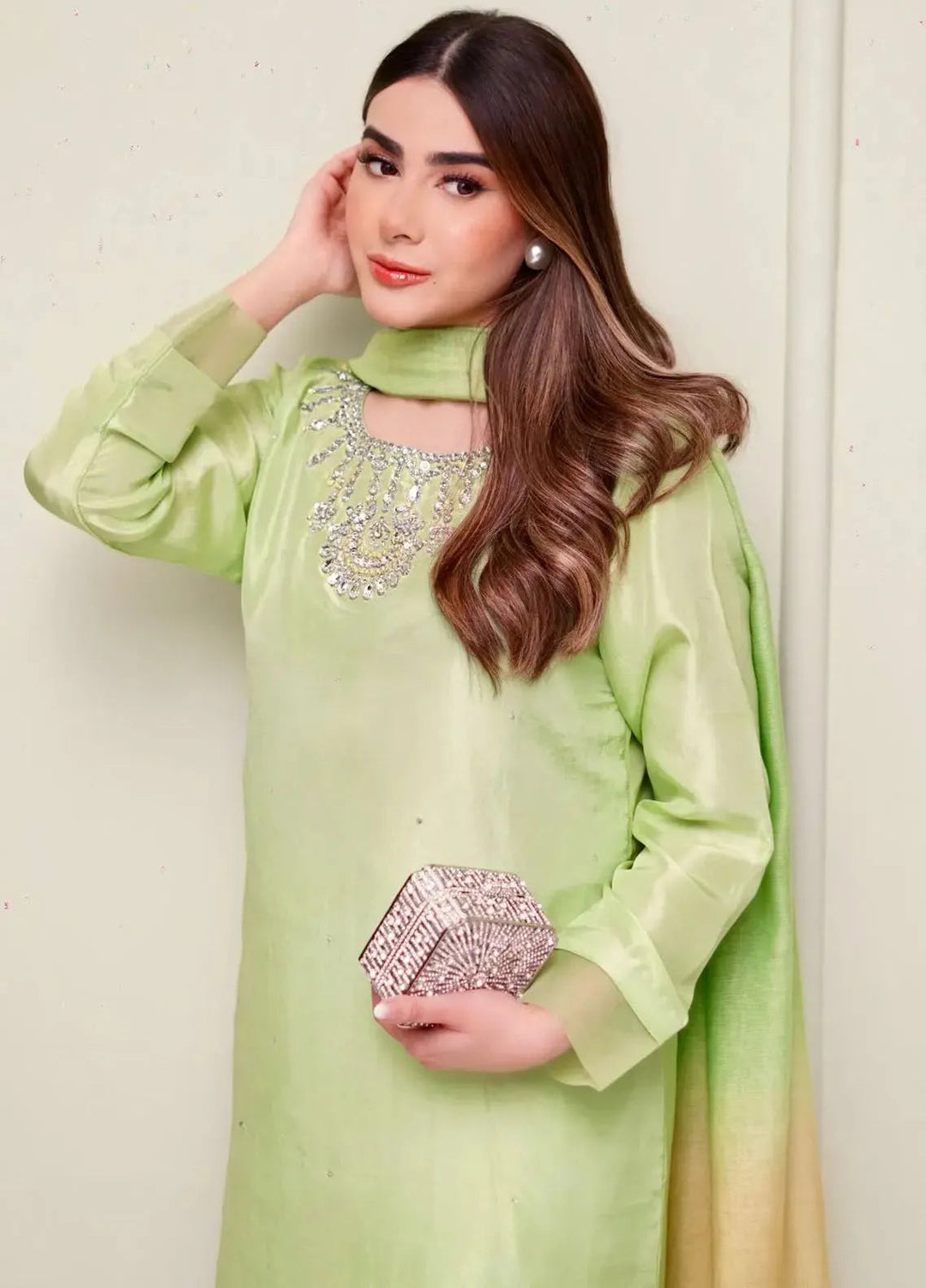 Hues Atelier Pret Embroidered Raw Silk 3 Piece Suit Avocado Green