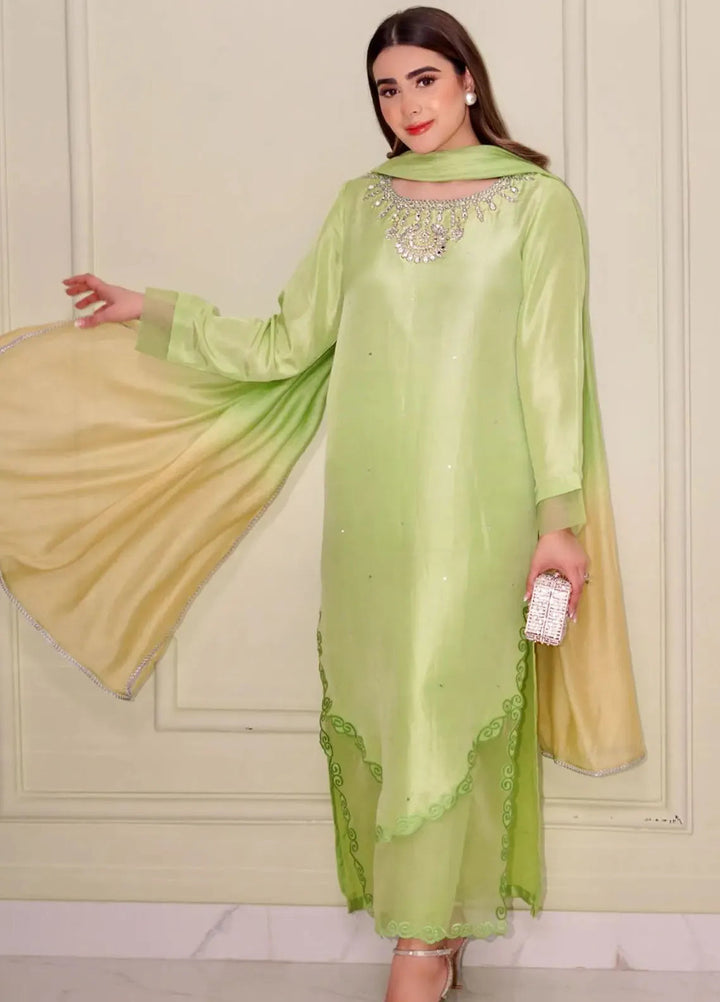 Hues Atelier Pret Embroidered Raw Silk 3 Piece Suit Avocado Green