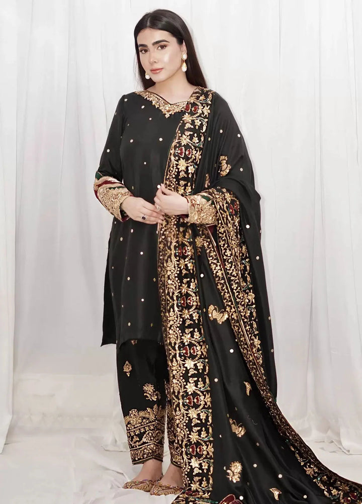 Hues Atelier Pret Embroidered Raw silk 3 Piece Suit Black Chaddar