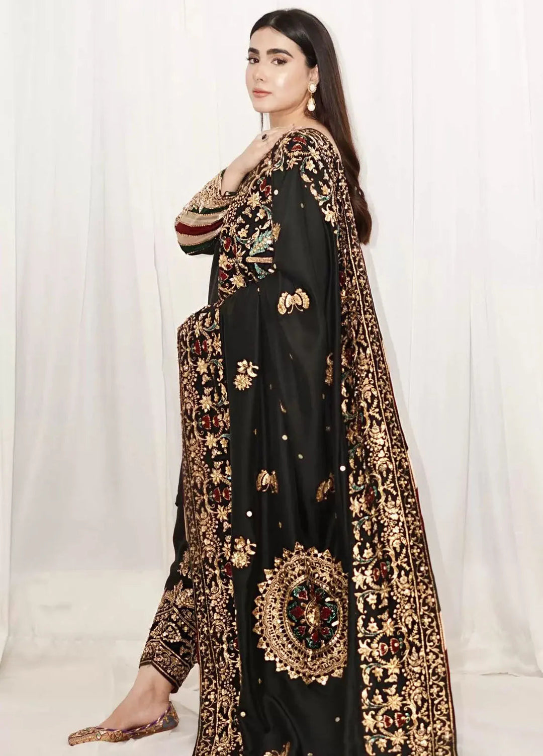 Hues Atelier Pret Embroidered Raw silk 3 Piece Suit Black Chaddar
