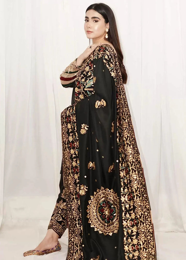 Hues Atelier Pret Embroidered Raw silk 3 Piece Suit Black Chaddar