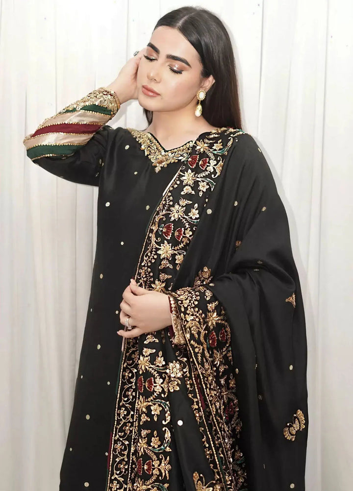 Hues Atelier Pret Embroidered Raw silk 3 Piece Suit Black Chaddar