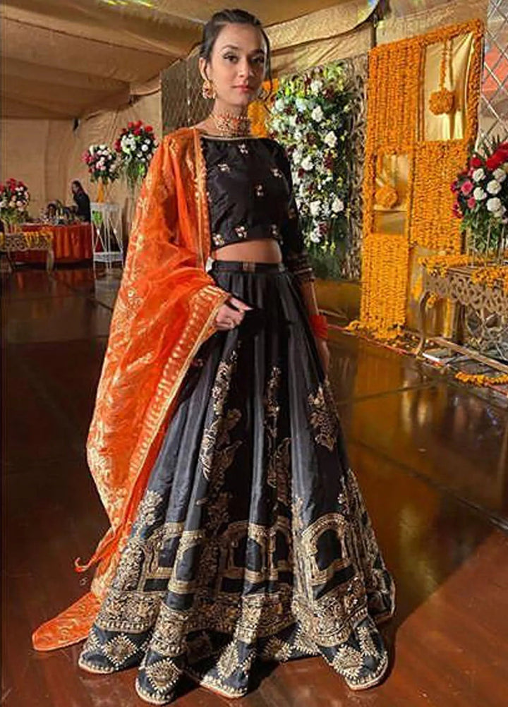 Hues Atelier Pret Embroidered Raw silk 3 Piece Suit Black Lehenga Choli