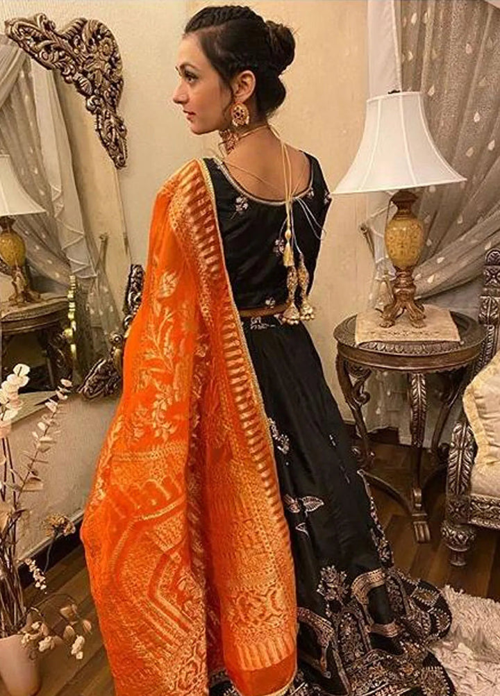 Hues Atelier Pret Embroidered Raw silk 3 Piece Suit Black Lehenga Choli
