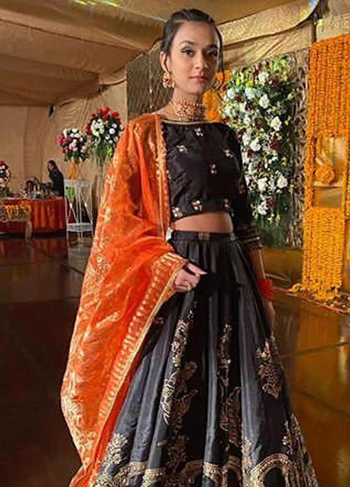 Hues Atelier Pret Embroidered Raw silk 3 Piece Suit Black Lehenga Choli