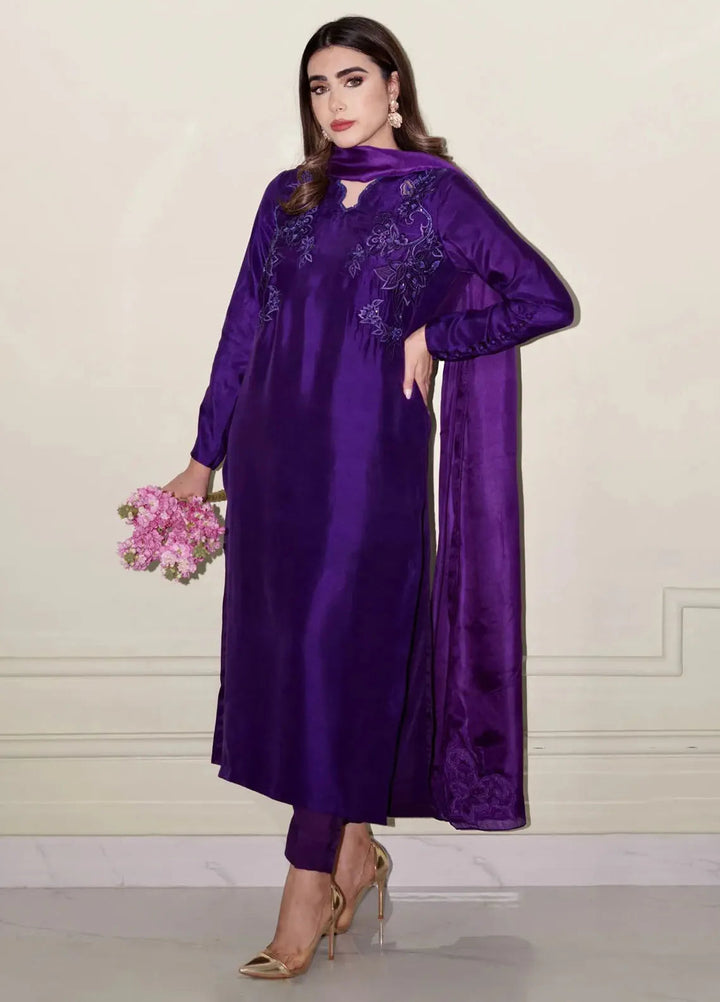 Hues Atelier Pret Embroidered Raw Silk 3 Piece Suit Deep Purple