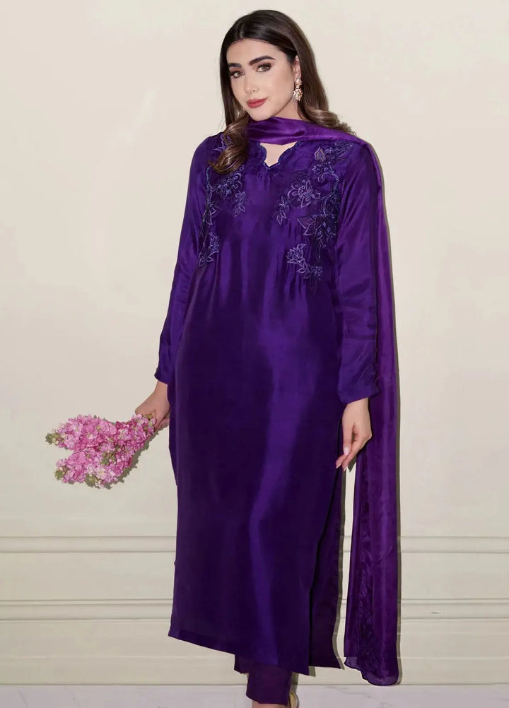Hues Atelier Pret Embroidered Raw Silk 3 Piece Suit Deep Purple