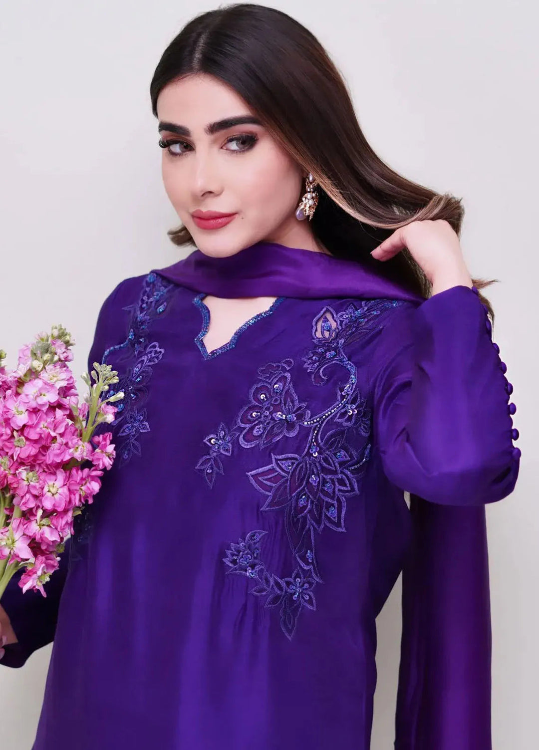 Hues Atelier Pret Embroidered Raw Silk 3 Piece Suit Deep Purple