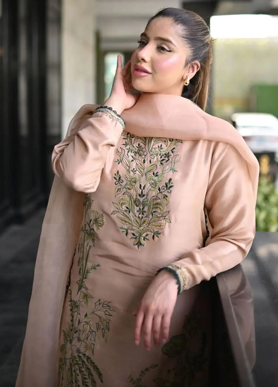 Hues Atelier Pret Embroidered Raw Silk 3 Piece Suit Garden Dreaming