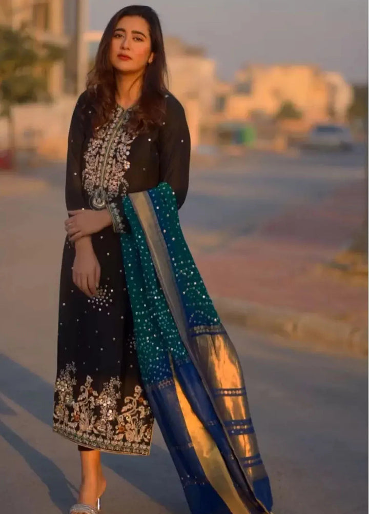 Hues Atelier Pret Embroidered Raw silk 3 Piece Suit Heritage Black