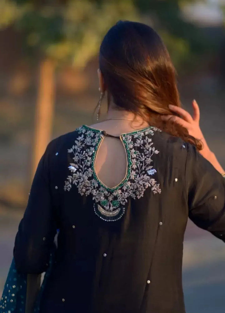 Hues Atelier Pret Embroidered Raw silk 3 Piece Suit Heritage Black