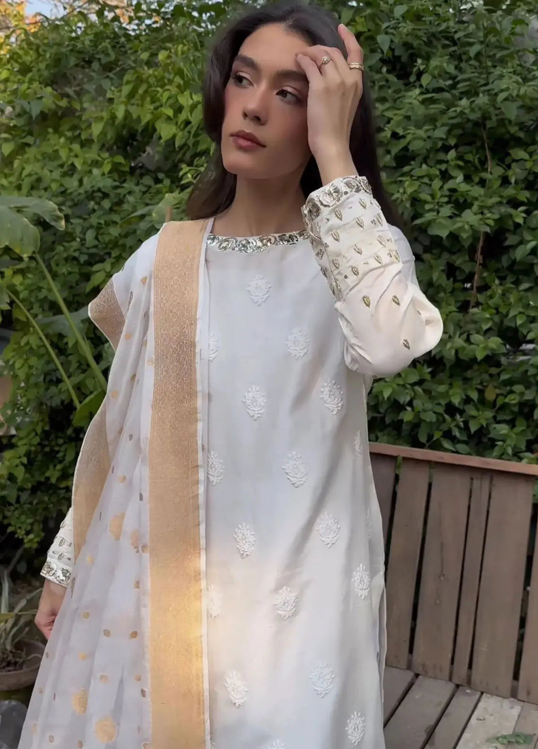 Hues Atelier Pret Embroidered Raw Silk 3 Piece Suit Nooray White