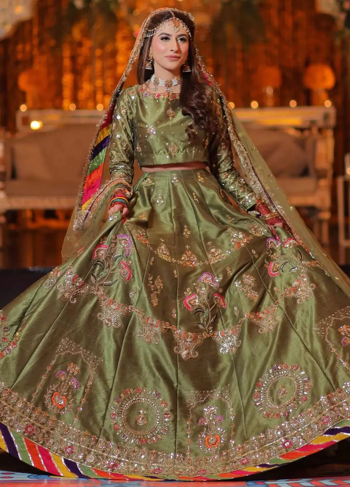 Hues Atelier Pret Embroidered Raw Silk 3 Piece Suit Olive Mehendi Lehengs Choli