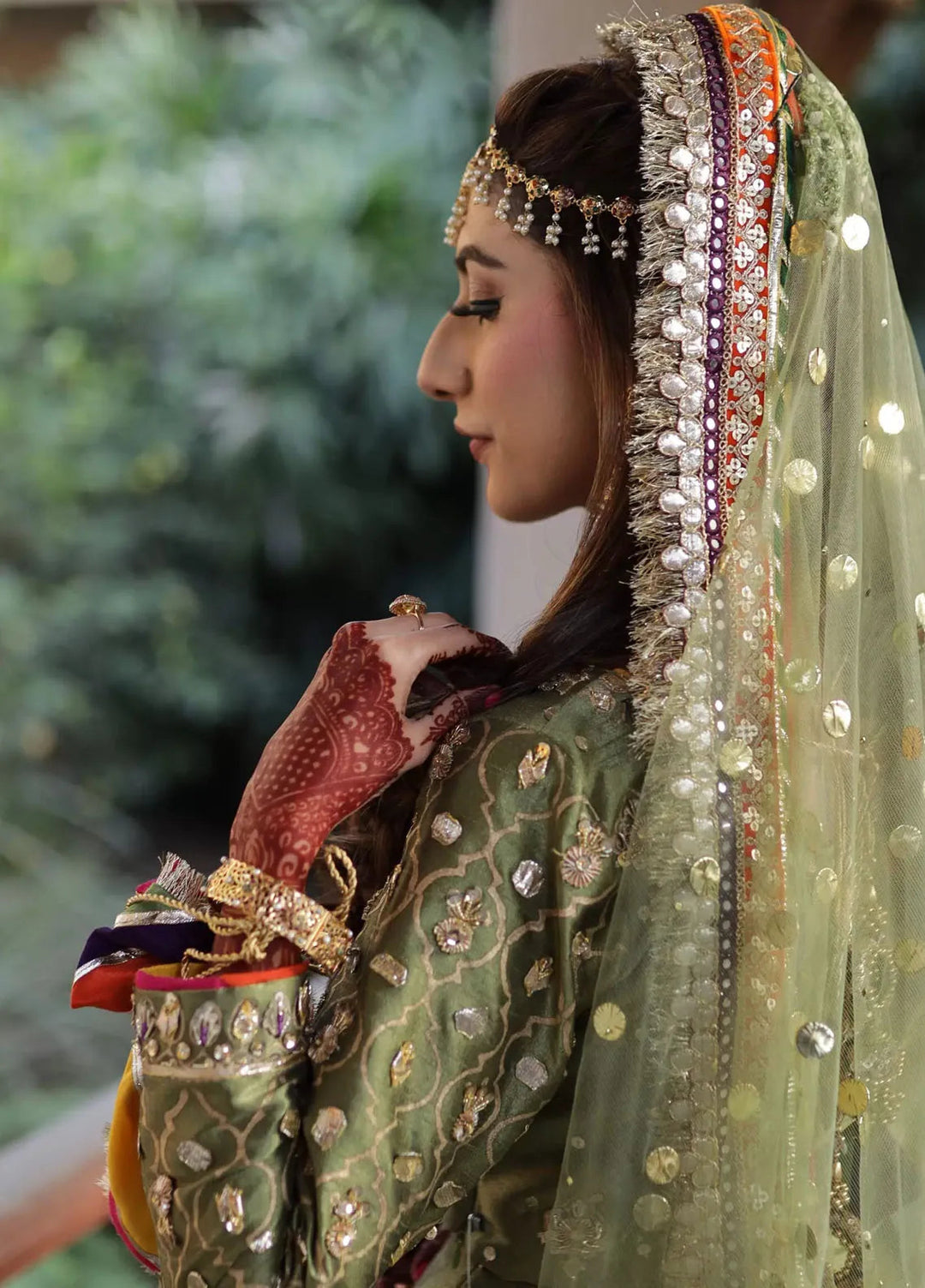 Hues Atelier Pret Embroidered Raw Silk 3 Piece Suit Olive Mehendi Lehengs Choli