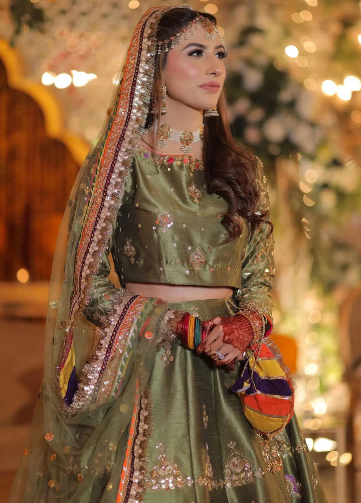 Hues Atelier Pret Embroidered Raw Silk 3 Piece Suit Olive Mehendi Lehengs Choli